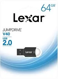 Lexar Clé USB JumpDrive V40 64GB - Stockage USB 2.0 - Design compact sans capuchon - Anneau porte-clés intégré - Compatible PC/Mac - Noir (LJDV40-64GAB)