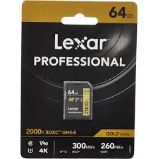 Lexar Carte Mémoire Professional 2000x SDHC 64GB - UHS-II U3 V90 - Lecture 300 Mo/s Écriture 260 Mo/s - 4K/8K - Résistance extrême - (LSD2000064G-BNNNG)