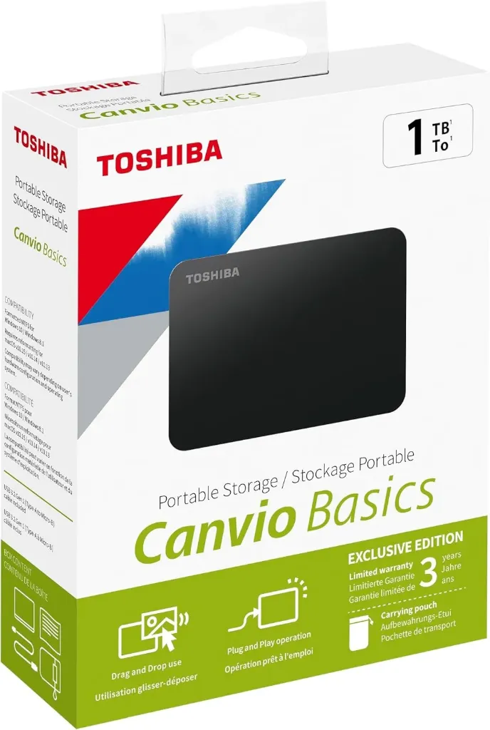 [HDTB510MK3AA] Disque Dur Externe Portatif : Toshiba Canvio Basics 1 To – USB 3.2 Gen 1 – Format 2.5" – Noir Mat (Code : HDTB510MK3AA)