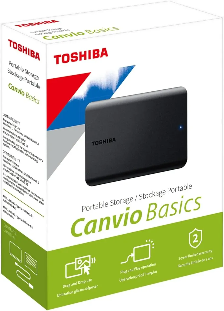 [HDTB520MK3AA] Disque Dur Externe Portatif : Toshiba Canvio Basics 2 To – USB 3.2 Gen 1 – Format 2.5" – Noir Mat (Code : HDTB520MK3AA)